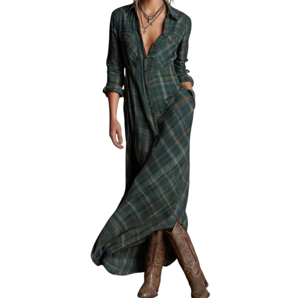 Modesees Womens Medium Green Plaid Lapel Button Front Maxi Shirt Dress NWT